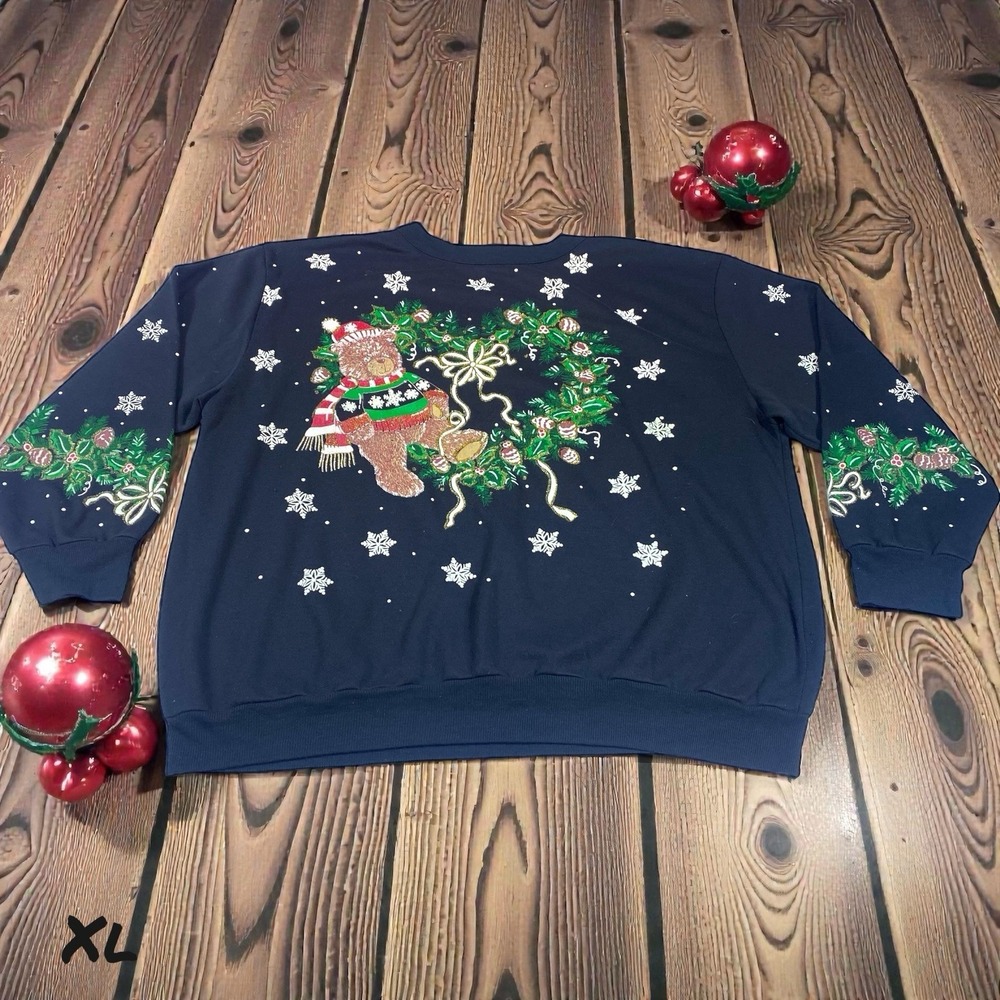 Vintage 90s Ugly Christmas‎ Sweater Teddy Bear Wreath Snowflakes USA Made XL